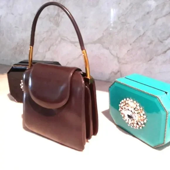 1960s VNTG VERY RARE Judith Lieber Couture Satchel Brown Mini Peekaboo Handbag - Picture 4 of 9